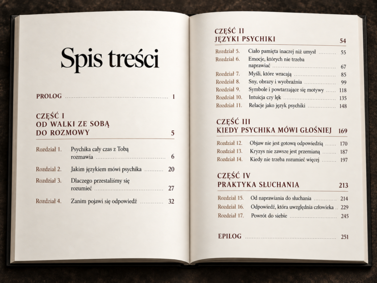 Spis treści w otwartej księdze